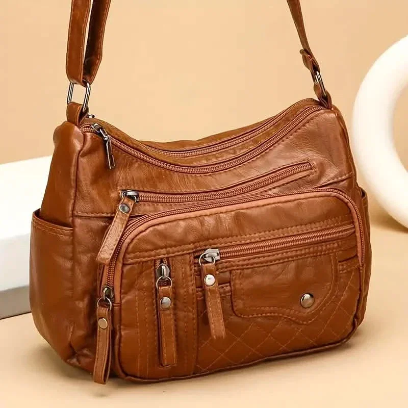 Image of Fashion Multi Zipper Crossbody Bag, Soft Vegan Leather Shoulder Bag, Women's Multi Pockets Handbag Purse