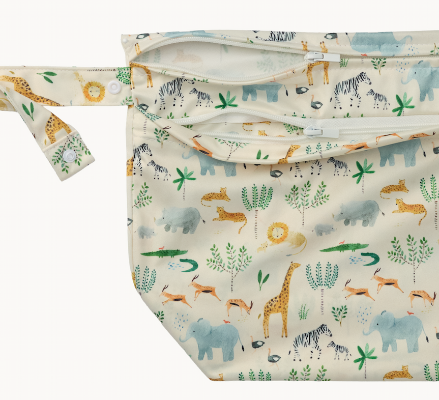 close up photo of a safari animal printed wet dry bags 