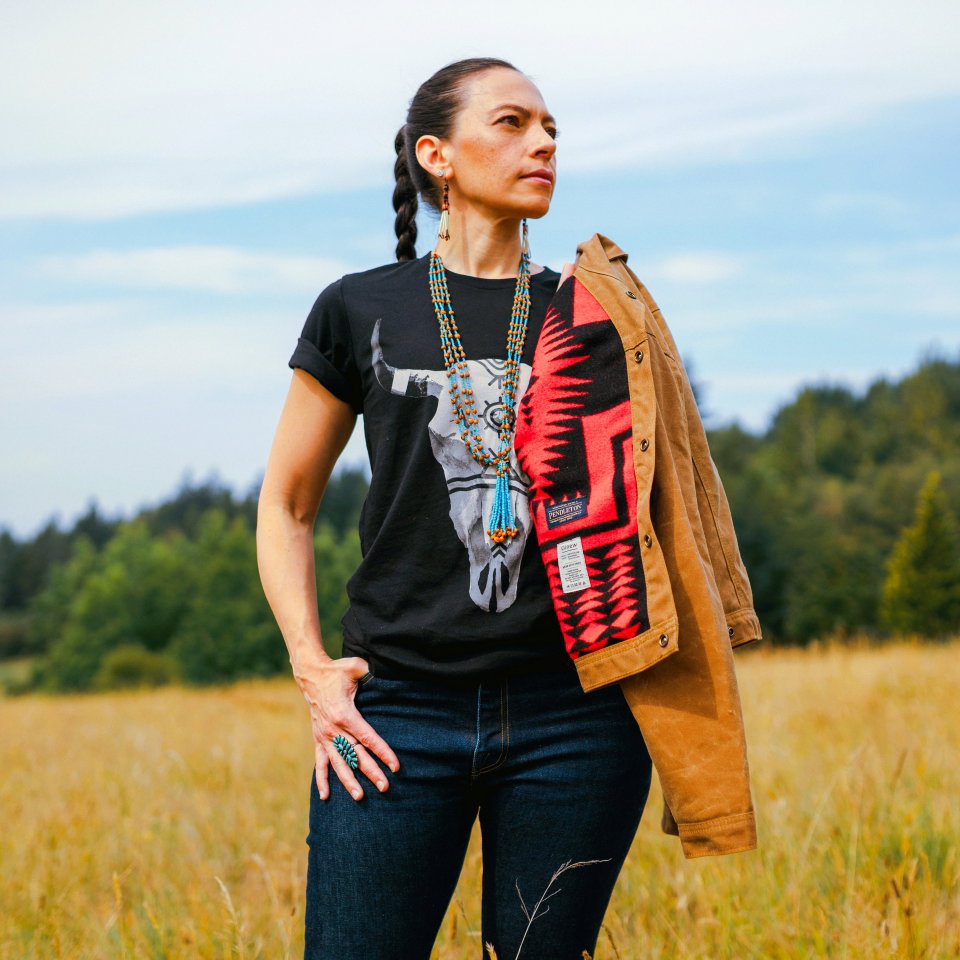 Buffalo Tee and Rider Coat on Native Woman