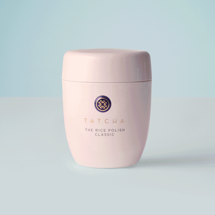 A gif with the 4 versions of the Rice Polish by Tatcha: Deep, Gentle, Calming, and Classic.