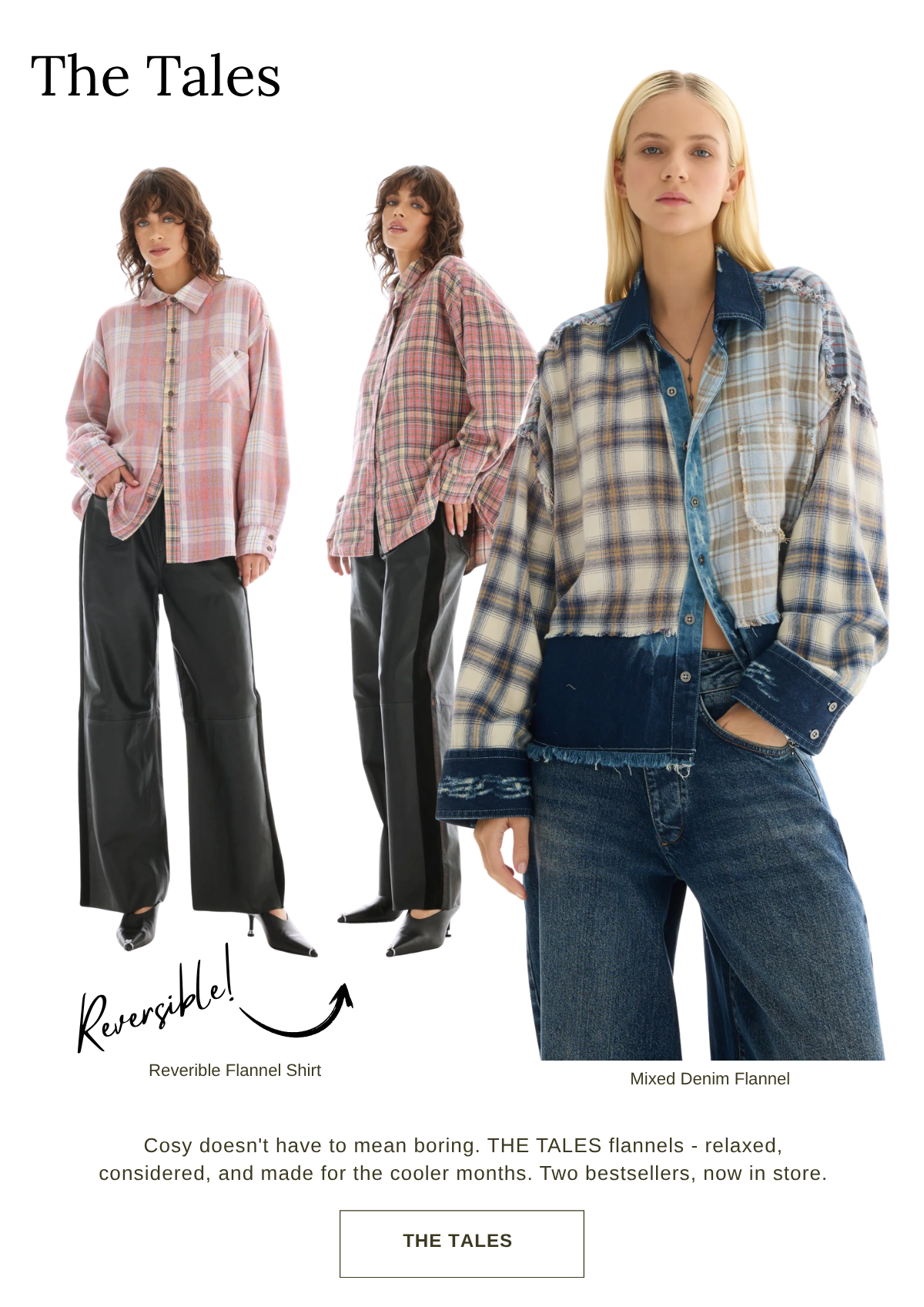 The Tales reversible flannel shirts in pink plaid and mixed denim, styled with black leather wide-leg pants