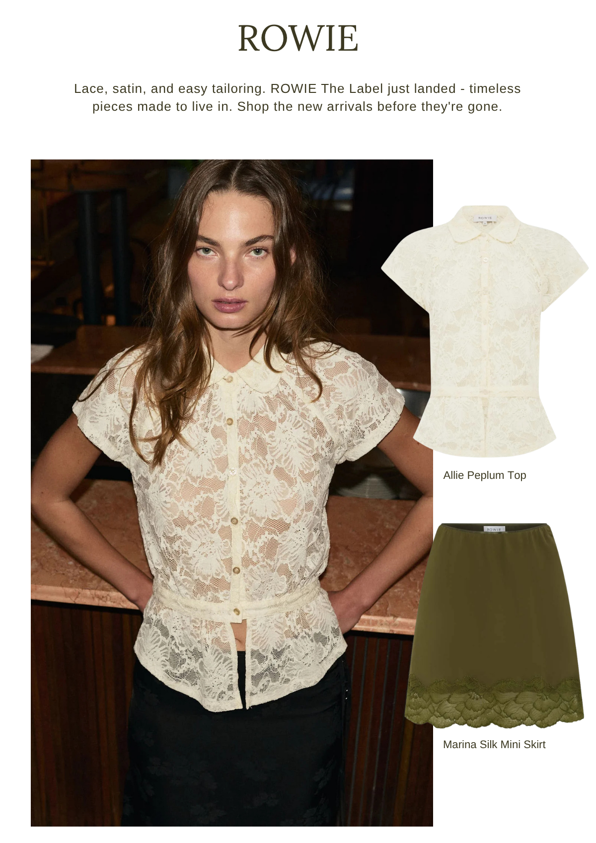 Rowie The Label – Allie Peplum Top in cream lace and Marina Silk Mini Skirt in olive green