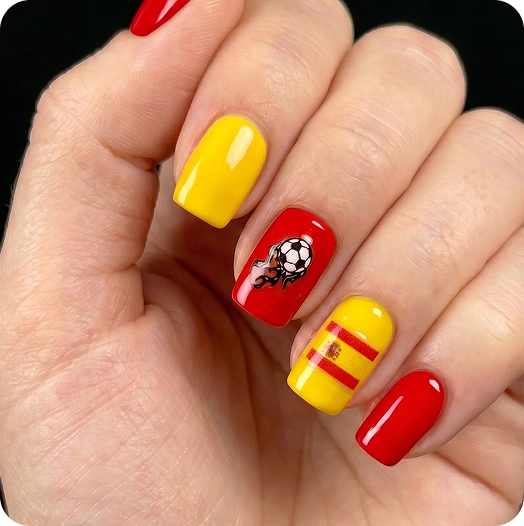 Close-up of a hand with red and yellow manicured nails featuring a Spain flag design and a soccer ball graphic