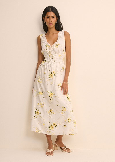 White Floral Shirred Sleeveless Isabella Midi Dress