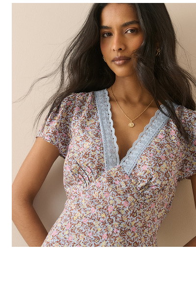 Blue Ditsy Floral Lace Trim Kacey Midi Dress