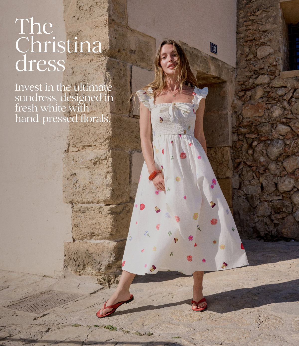 White Floral Shirred Christina Midi Dress