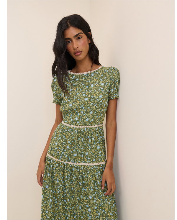 Green Ditsy Floral Tiered Dara Midi Dress