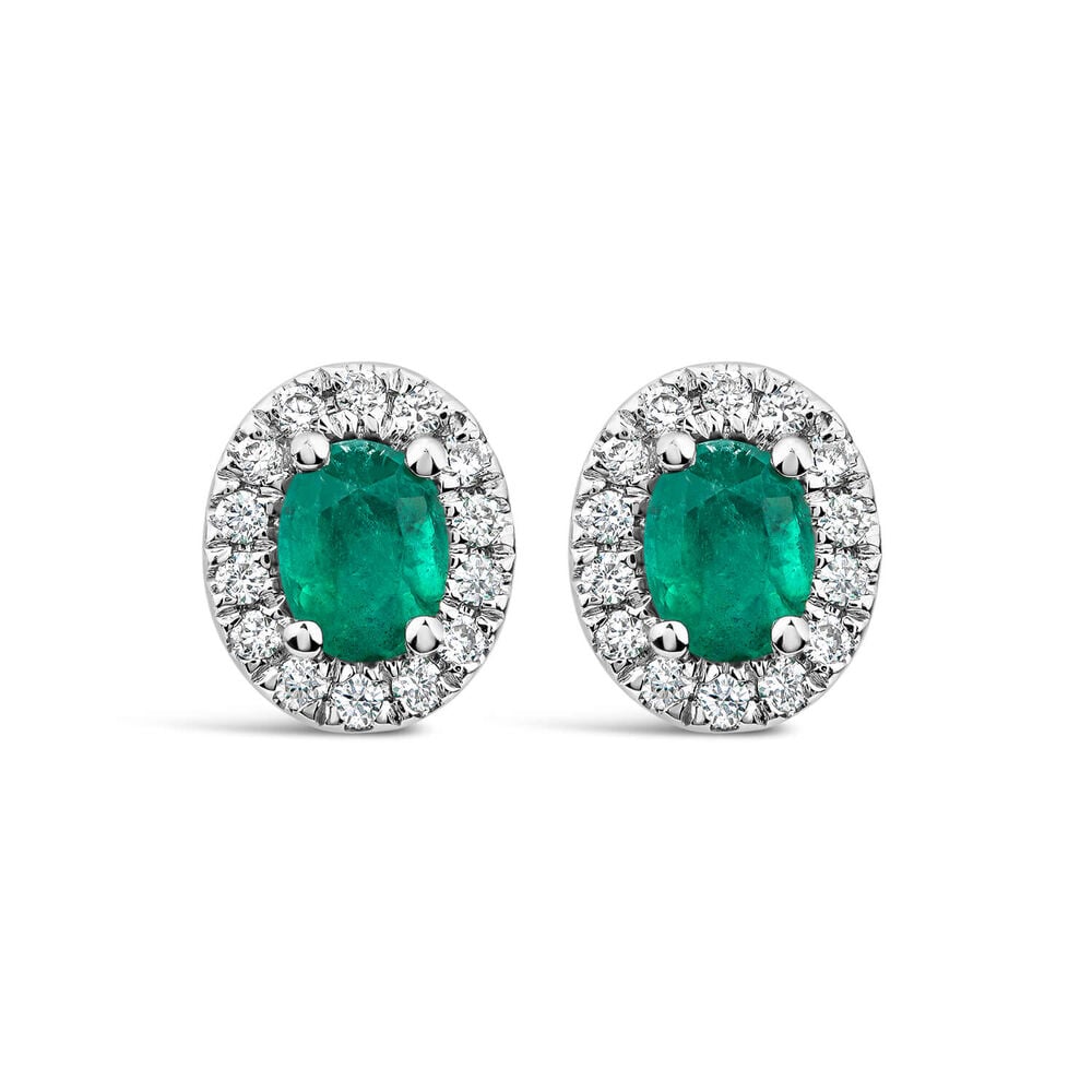 9ct White Gold Emerald Diamond Halo Stud Earrings 