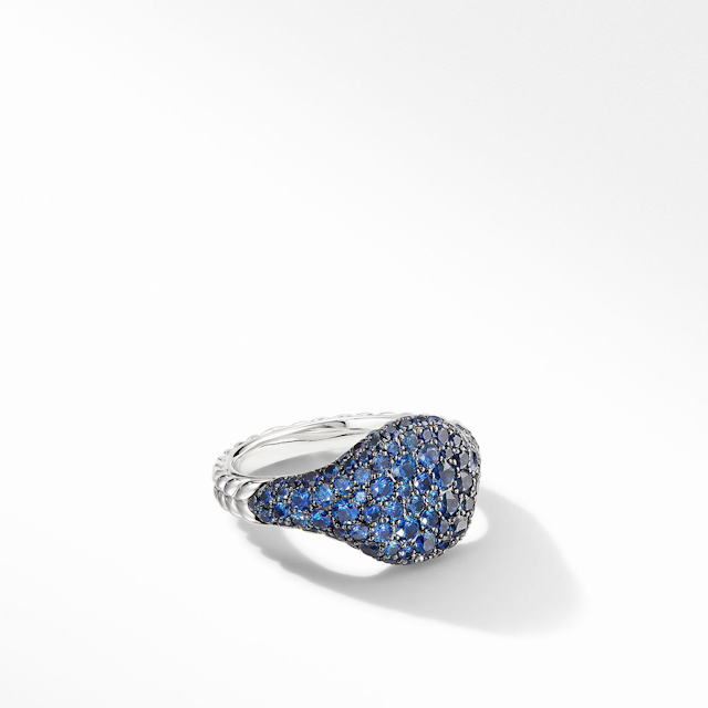David Yurman Mini Chevron Pinky Ring in 18k White Gold with Pave Sapphires - Size 3.5