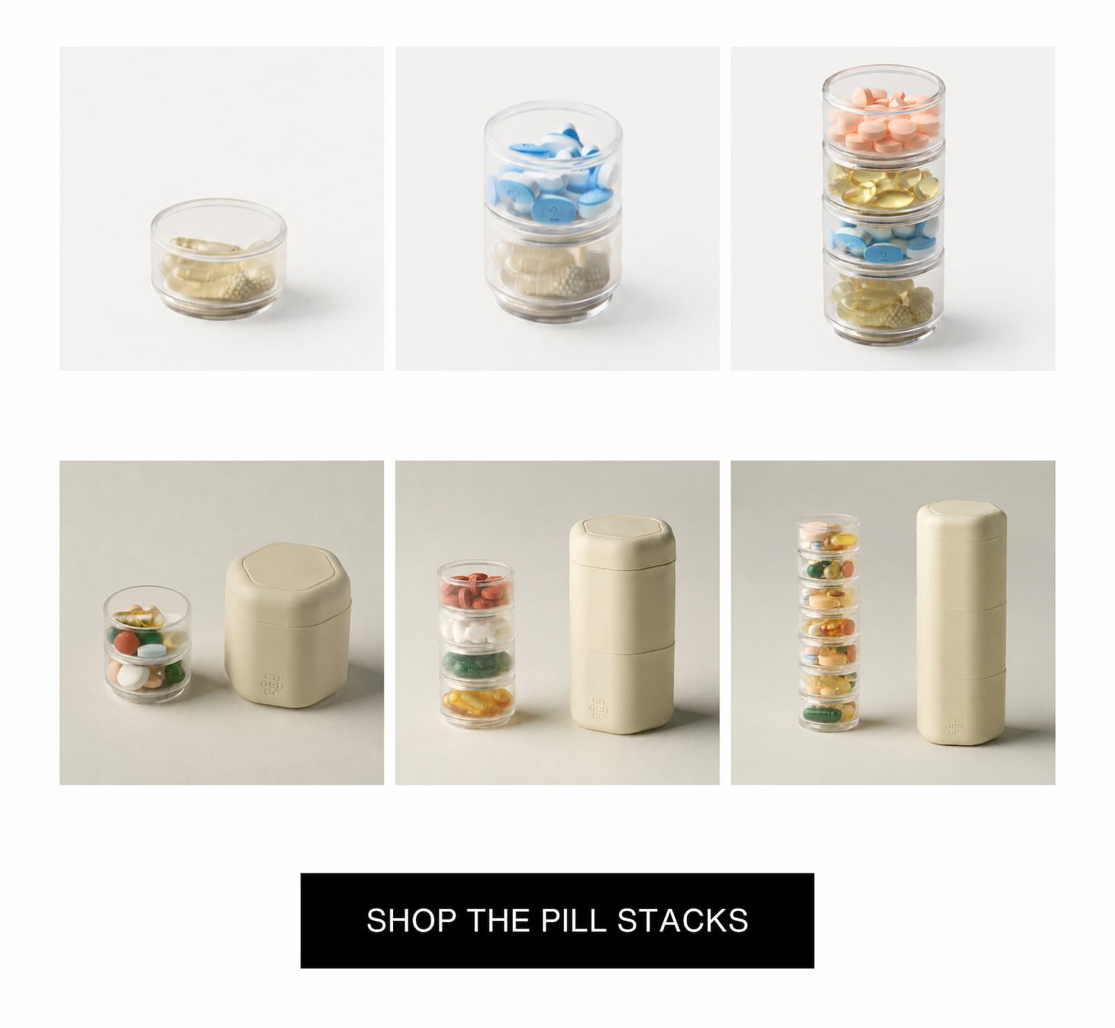 Click to shop The Pill Stacks. Images of The Pill Stacks filled with medications and supplements.
