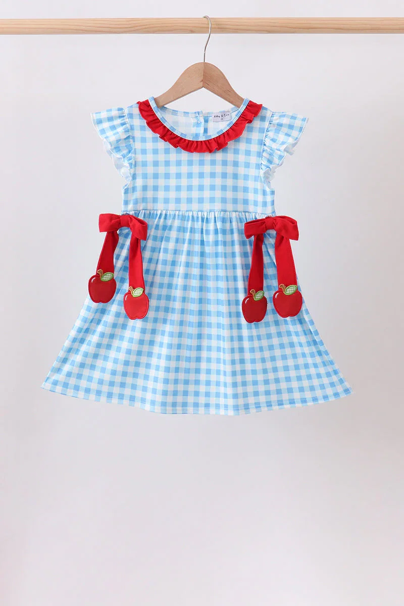Image of Blue Apple Appliqué Gingham Ruffle Dress