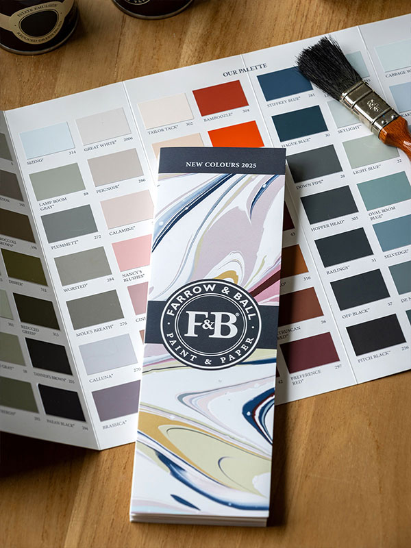 A Farrow & Ball colour card with a marbled cover rests on an expanded colour card, with a paintbrush and two sample pots nearby.