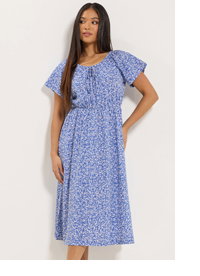 M&Co Petite Blue Leaf Print Tie Neck Cotton Midi Dress