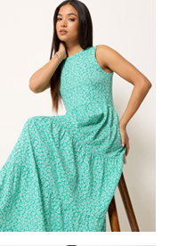 M&Co Petite Green Ditsy Floral Tiered Cotton Maxi Dress