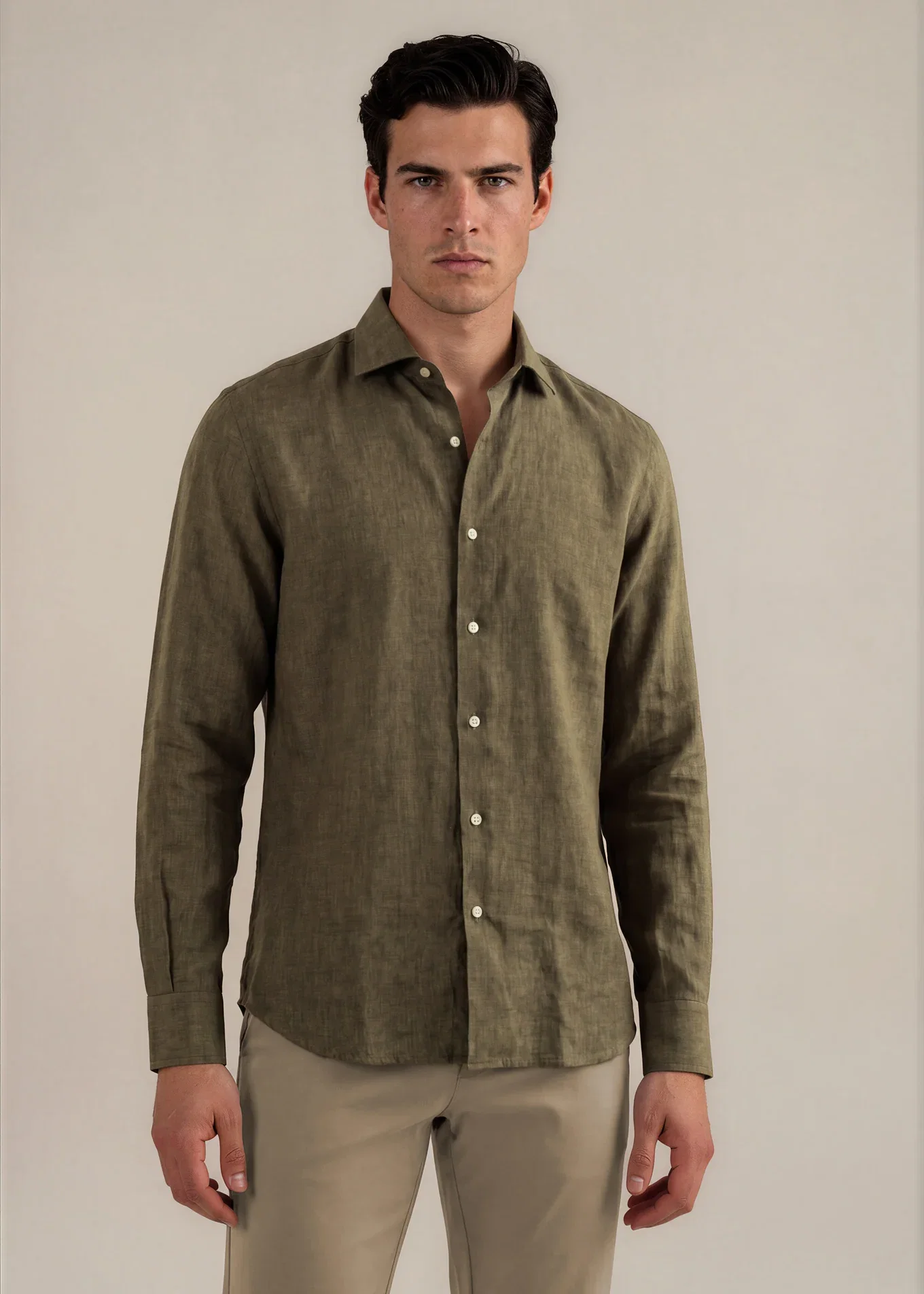 Image of Hand-Finished Dark Olive Italian Linen Shirt