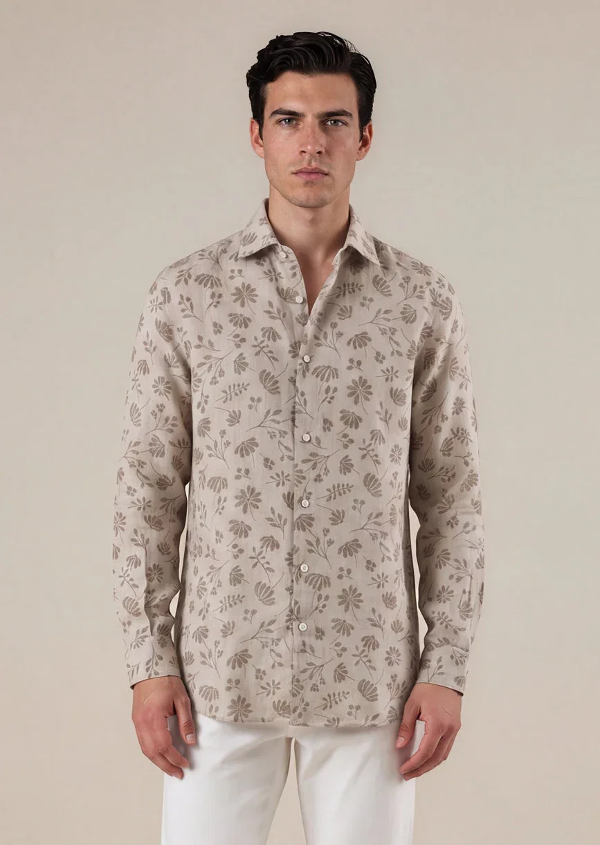 Image of Hand-Finished Tan Floral Linen Shirt