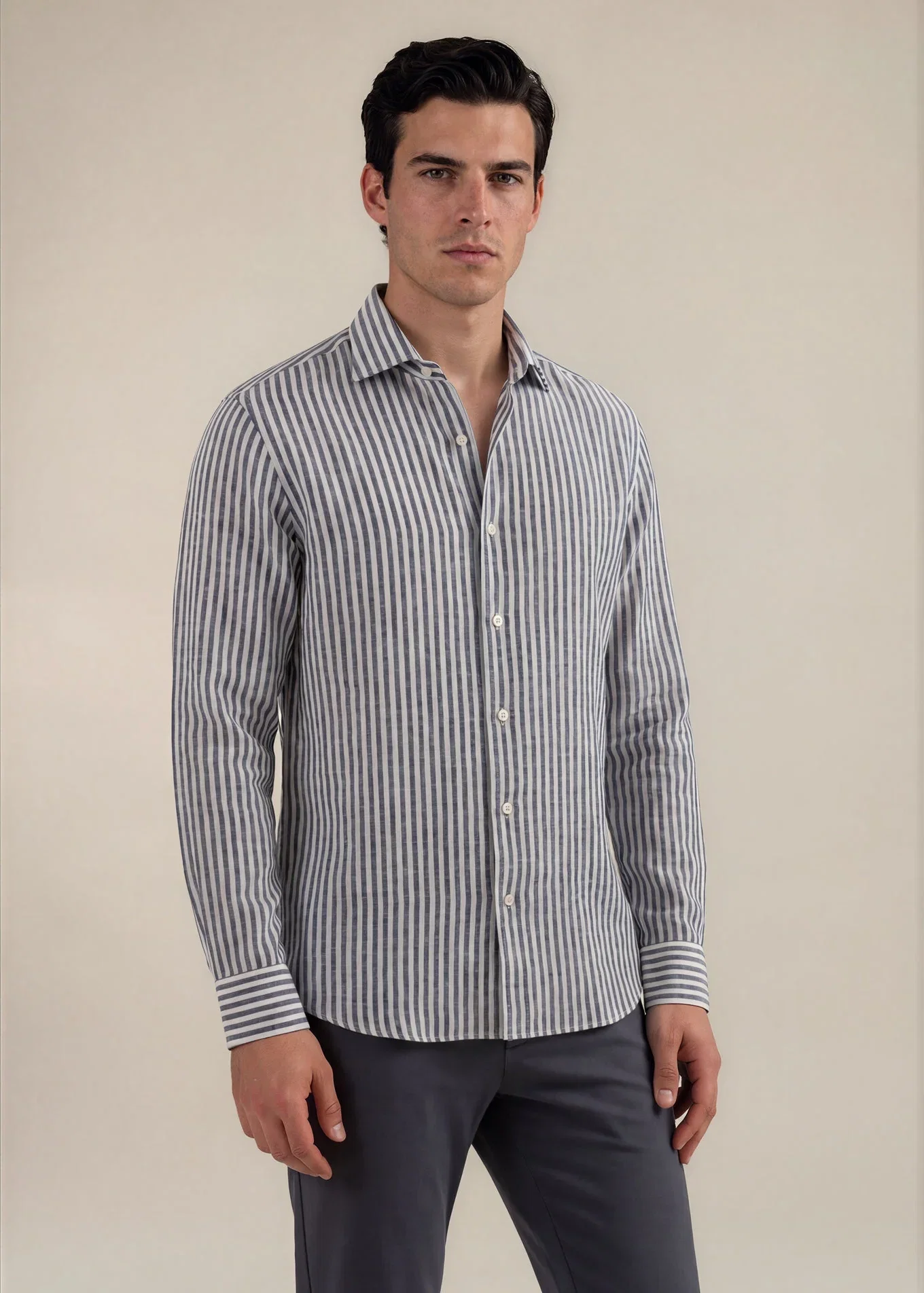 Image of Hand-Finished Navy & White Striped Linen Shirt