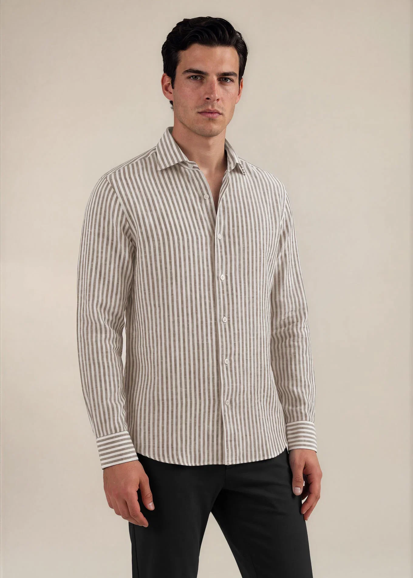 Image of Hand-Finished Tan & White Striped Linen Shirt
