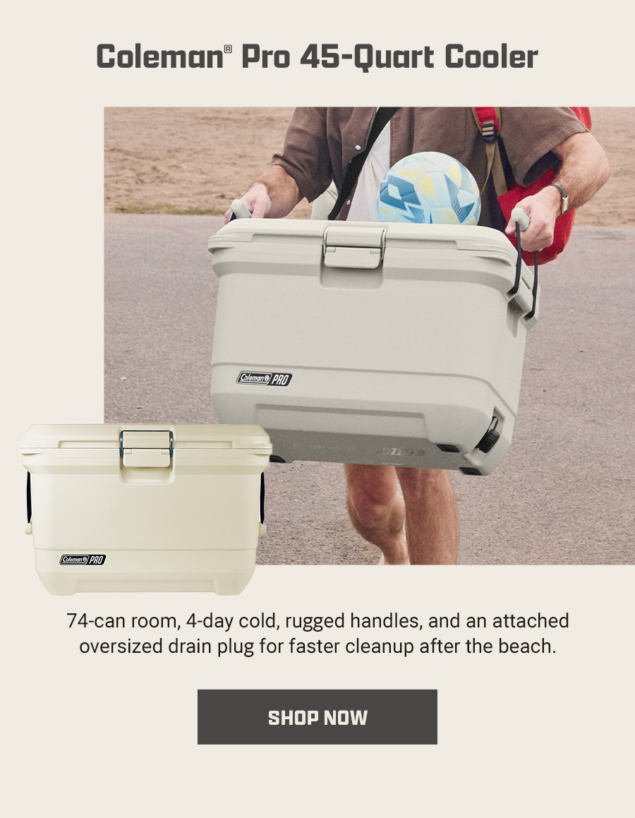 Coleman Pro 45-Quart Cooler in Desert Sand carried by handle at the beach, with product detail shot and Shop Now button.