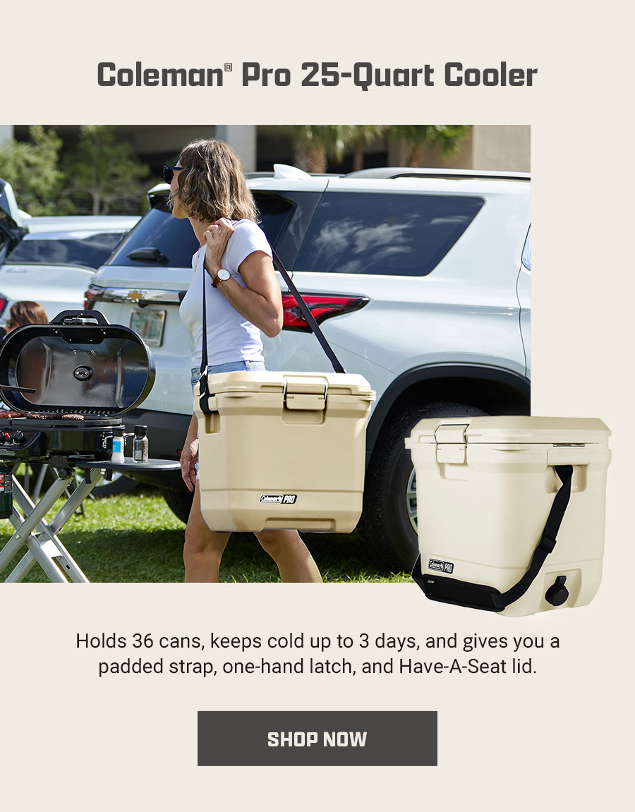 Coleman Pro 25-Quart Cooler in Desert Sand being carried by strap across a parking lot, with product detail shot and Shop Now button.