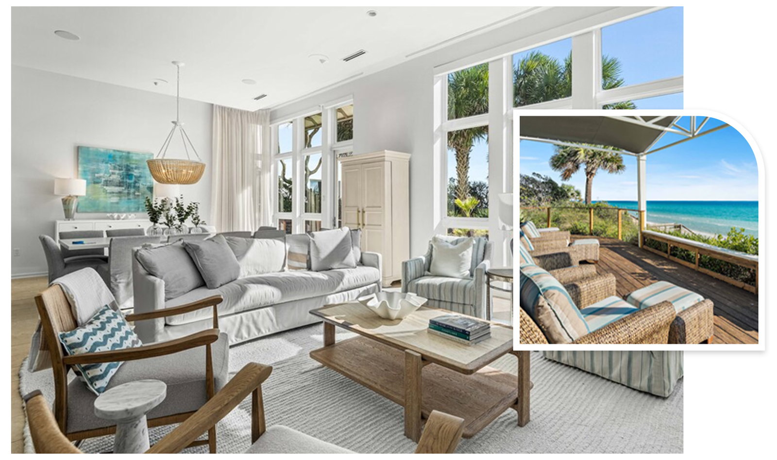 Bright living room with sofa and dining area; inset shows covered deck with ocean view and seating.