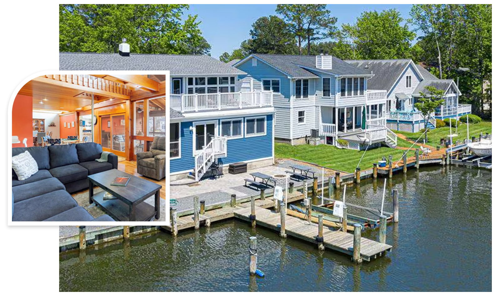 Waterfront homes with docks on a canal; inset shows a steel blue-gray sectional in an orange interior.