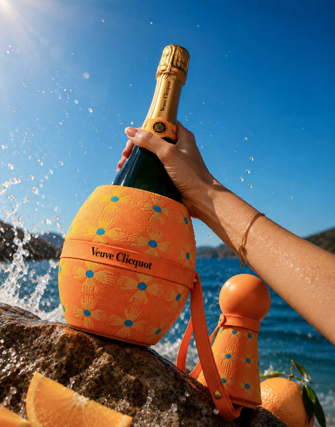 Hand holding Veuve Clicquot champagne in orange floral cooler on a rock by the sea with splashing water and citrus slices