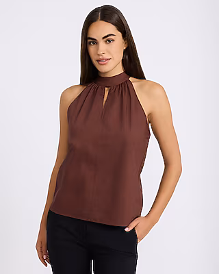 Poplin Mock Neck Keyhole Bow Back Top