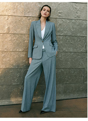 Long Slim One Button Stretch Blazer + Editor Mid Rise Wide Leg Stretch Pant