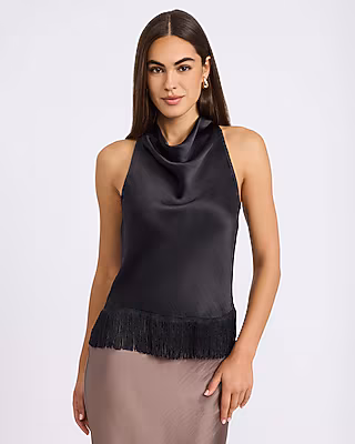 Satin Halter Cowl Neck Fringe Hem Tank