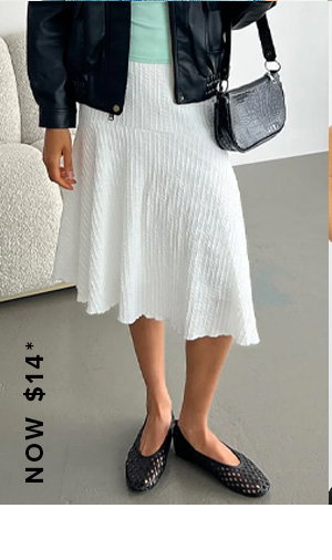 White Midi Skirt Elastic Waist Textured Lined