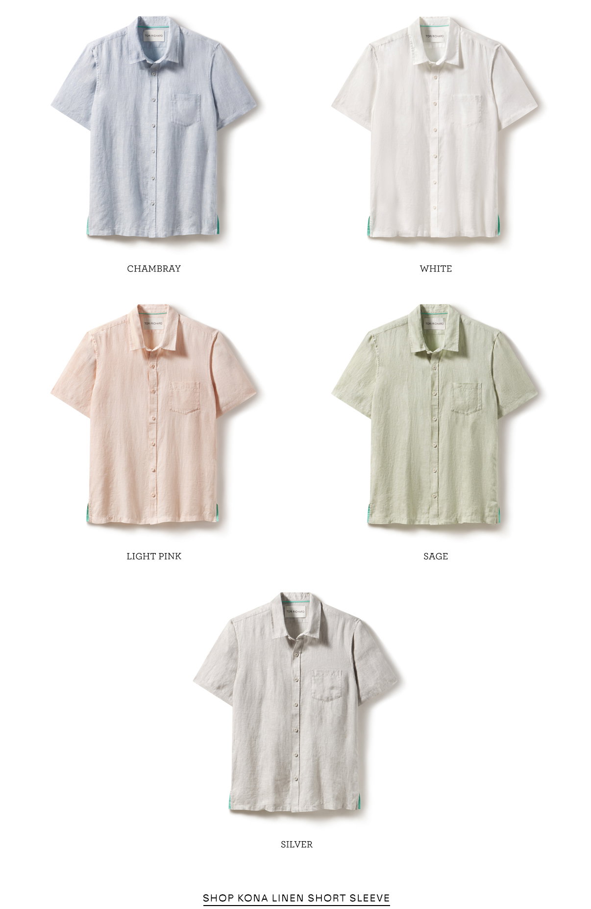 Kona Linen SS in Chambray, White, Light Pink, Sage and Silver