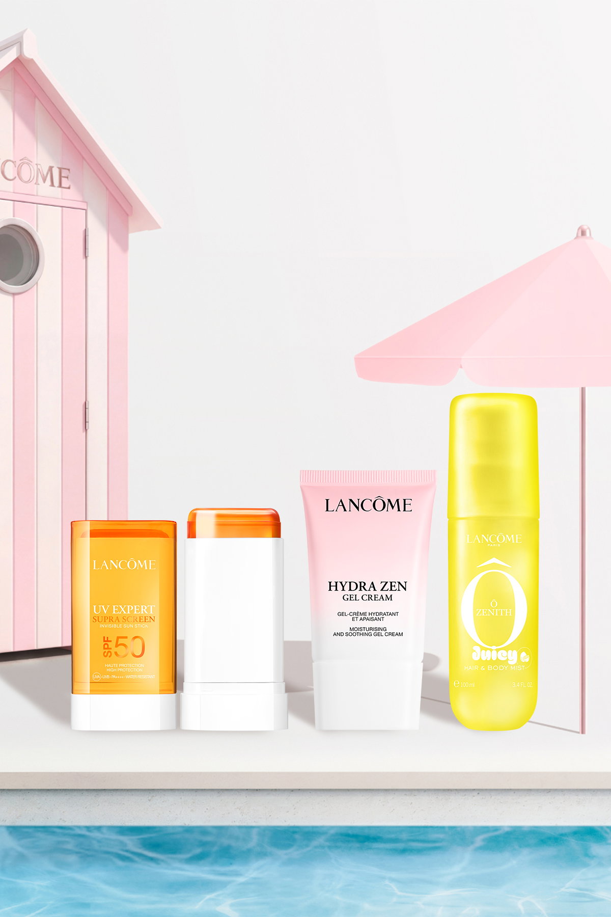 Prodotti Lancôme UV Expert, Hydra Zen Gel Cream e Ô Zenith Mist a bordo piscina con cabina rosa