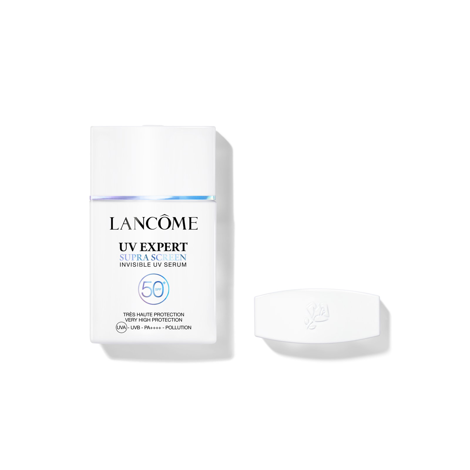 UV Expert Supra Screen SPF50+ Flacone bianco Lancôme UV Expert Supra Screen SPF50+ con tappo, su sfondo bianco