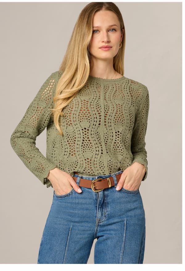 Long Sleeve Open Crochet Sweater In Sage Moss