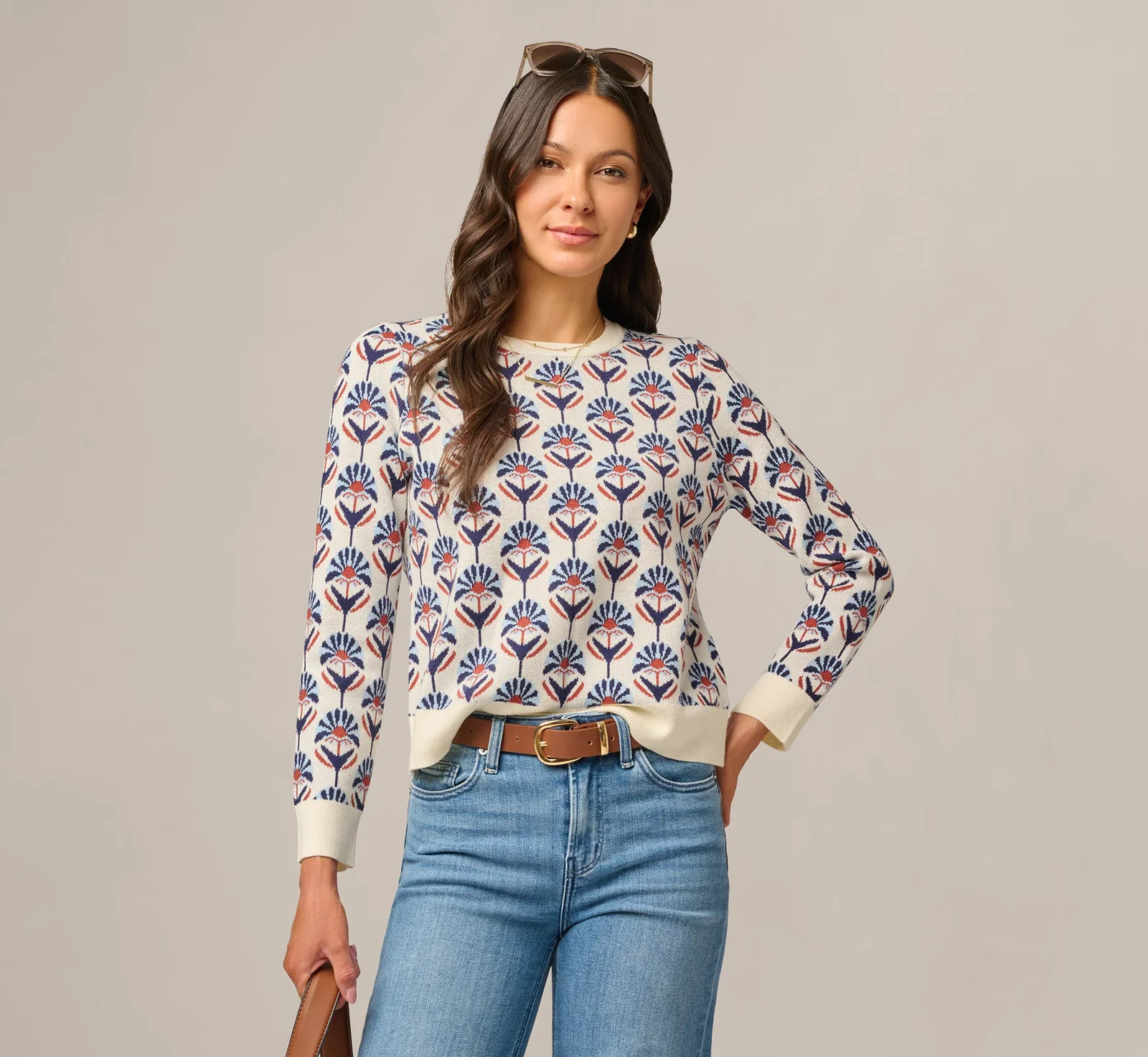 Image of Long Sleeve Jacquard Pullover Sweater In Rustic Clay Floral