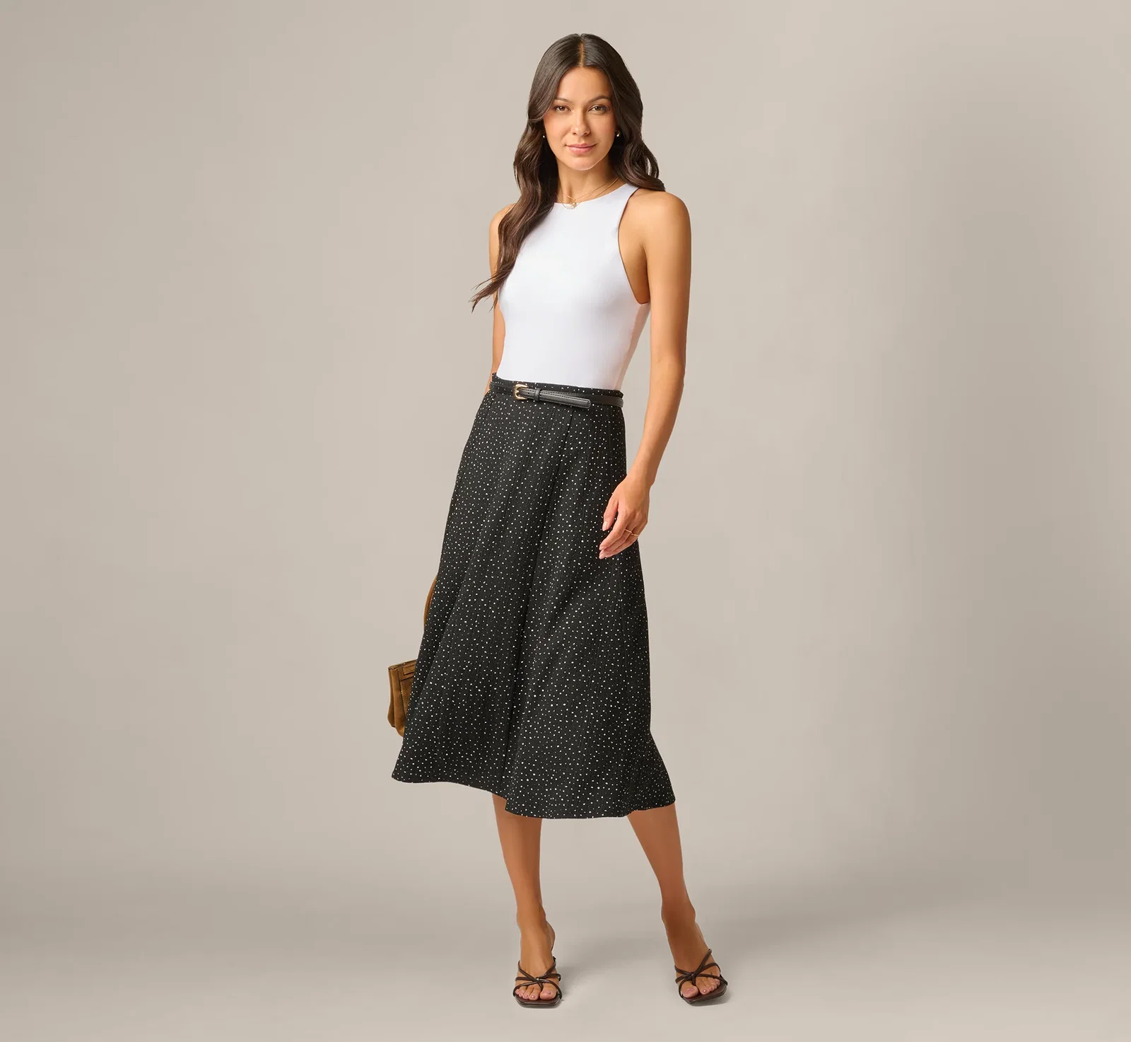 Image of Textured Knit Gored Midi Skirt In Black Ivory Scribble Dot