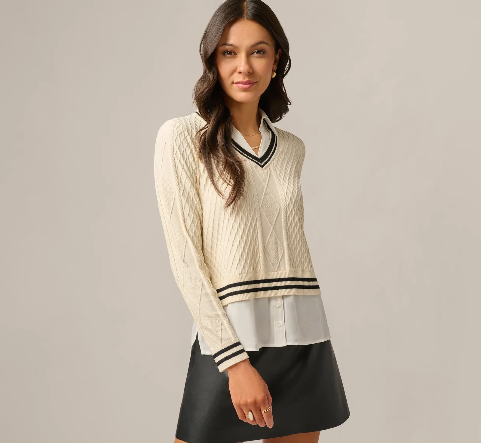 Image of Long Sleeve Cable Knit Twofer Sweater Top In Cream Black W  Ivory