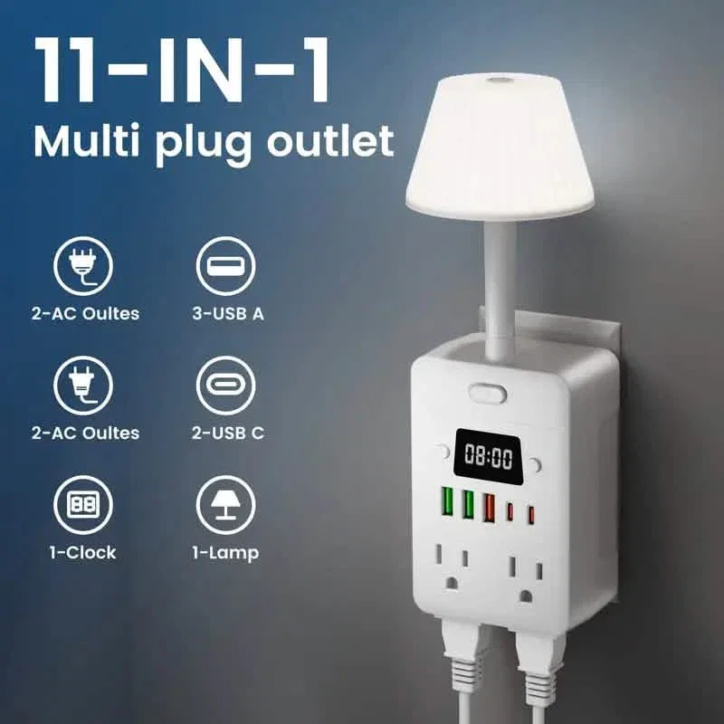 Image of 11-in-1 Multifunctional Power Strip with Desk Lamp, Clock, USB Ports & Surge Protection