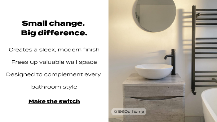 Modern bathroom with a black heated towel rail, floating vanity and round mirror, with promotional text promoting a sleek finish and space-saving bathroom design.