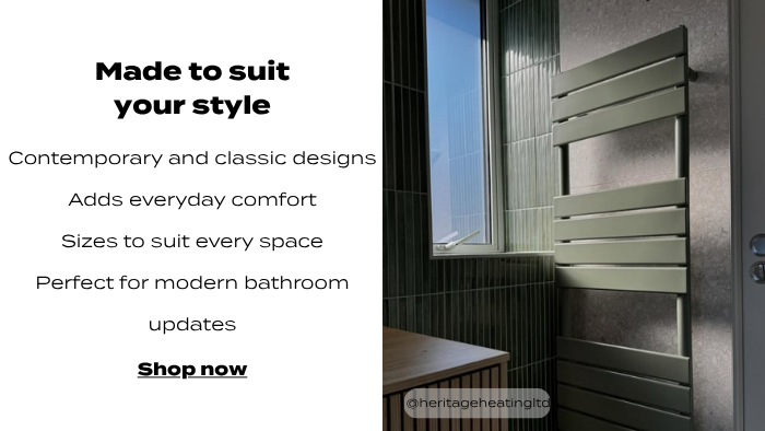 Contemporary bathroom with a sage green heated towel rail against dark tiled walls, with promotional text highlighting a choice of styles, sizes and finishes for modern bathrooms.