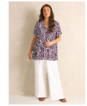 EVANS Curve Berry Red Ikat Print Button Front Blouse