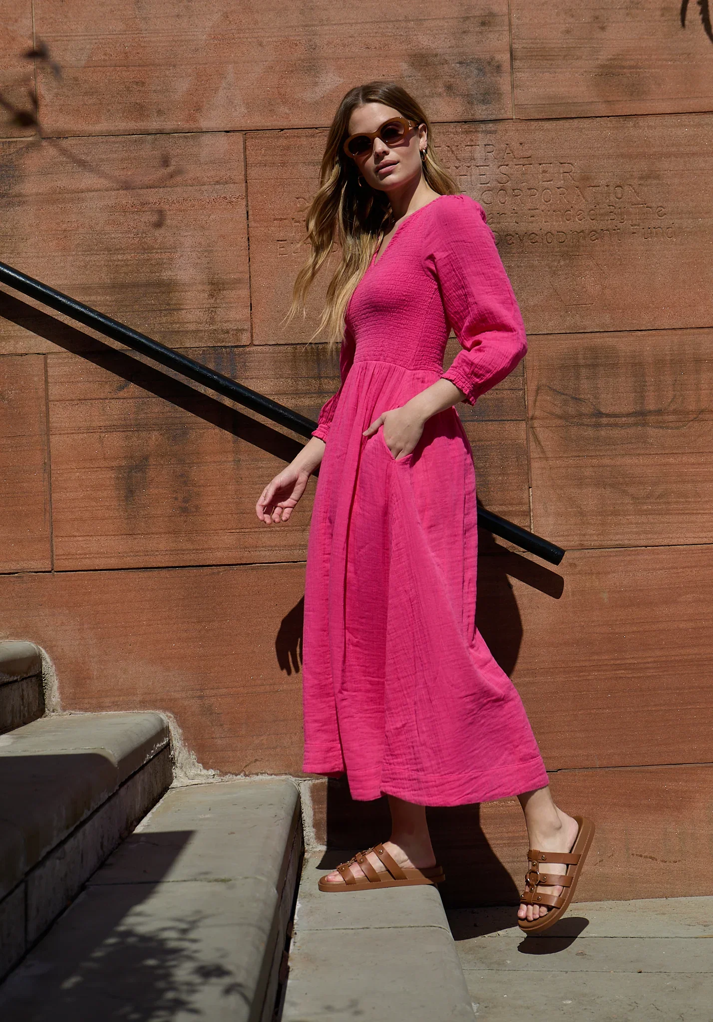 Image of Paulina Shirred Bodice Midi Dress In Pink
