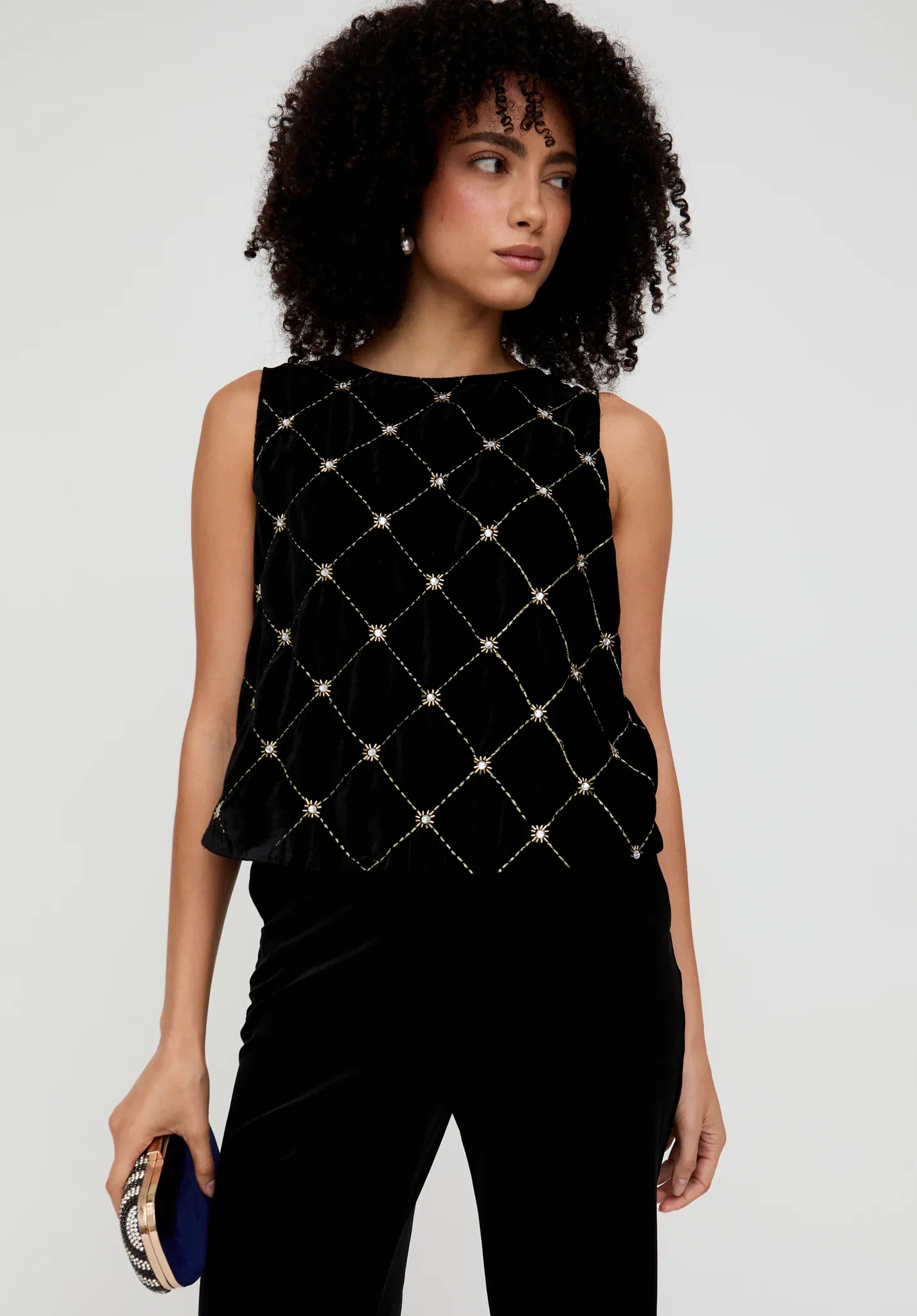 Image of Chiva Beaded Velvet Top In Black