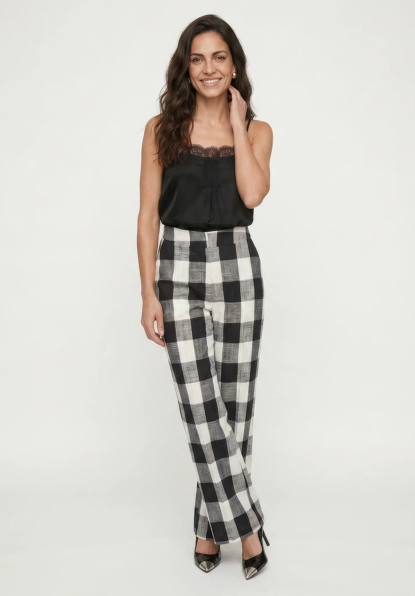 Image of Zena Flared Check Trouser in Black and White