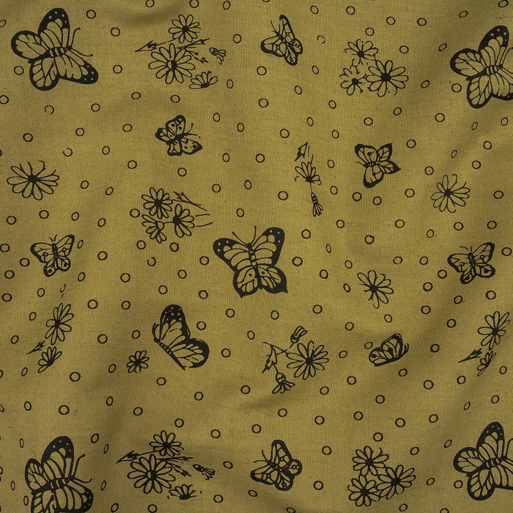 Image of Khaki and Black Butterfly Printed Linen Woven
