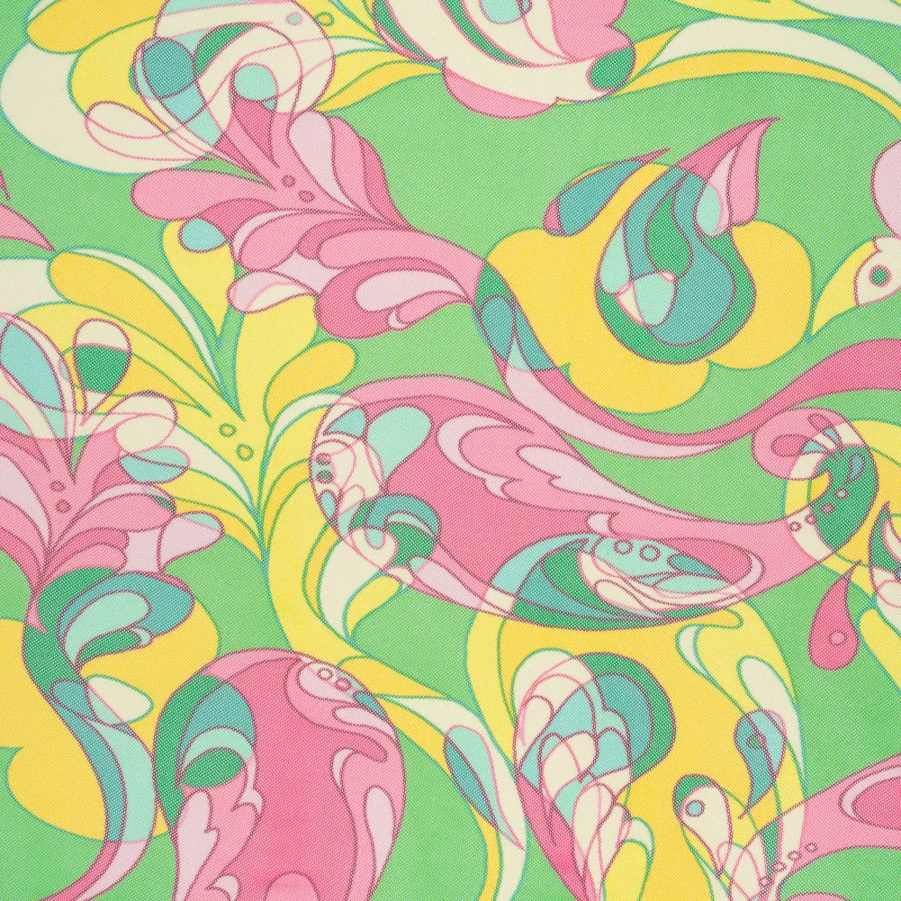 Image of Polyester Stretch Mesh Print - Pink, Yellow and Green Retro Florals and Paisley - Designer Deadstock