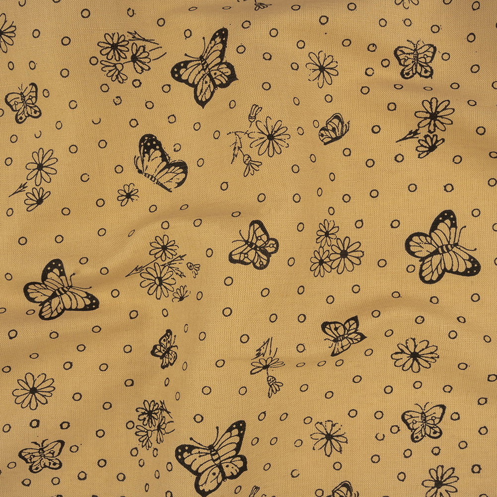 Image of Cream and Black Butterfly Printed Linen Woven