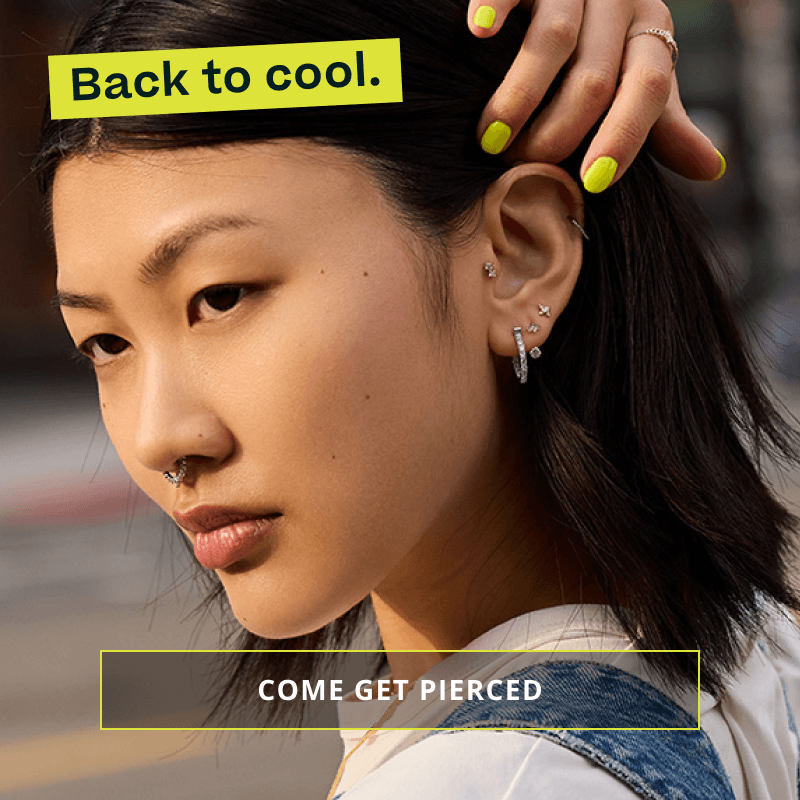 Model with geometric diamond ear stack. Back to cool. Click here to come get pierced