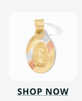 Oval-shaped, textured religious medallion charm with central figure in yellow, white, & rose gold. Click here to shop now